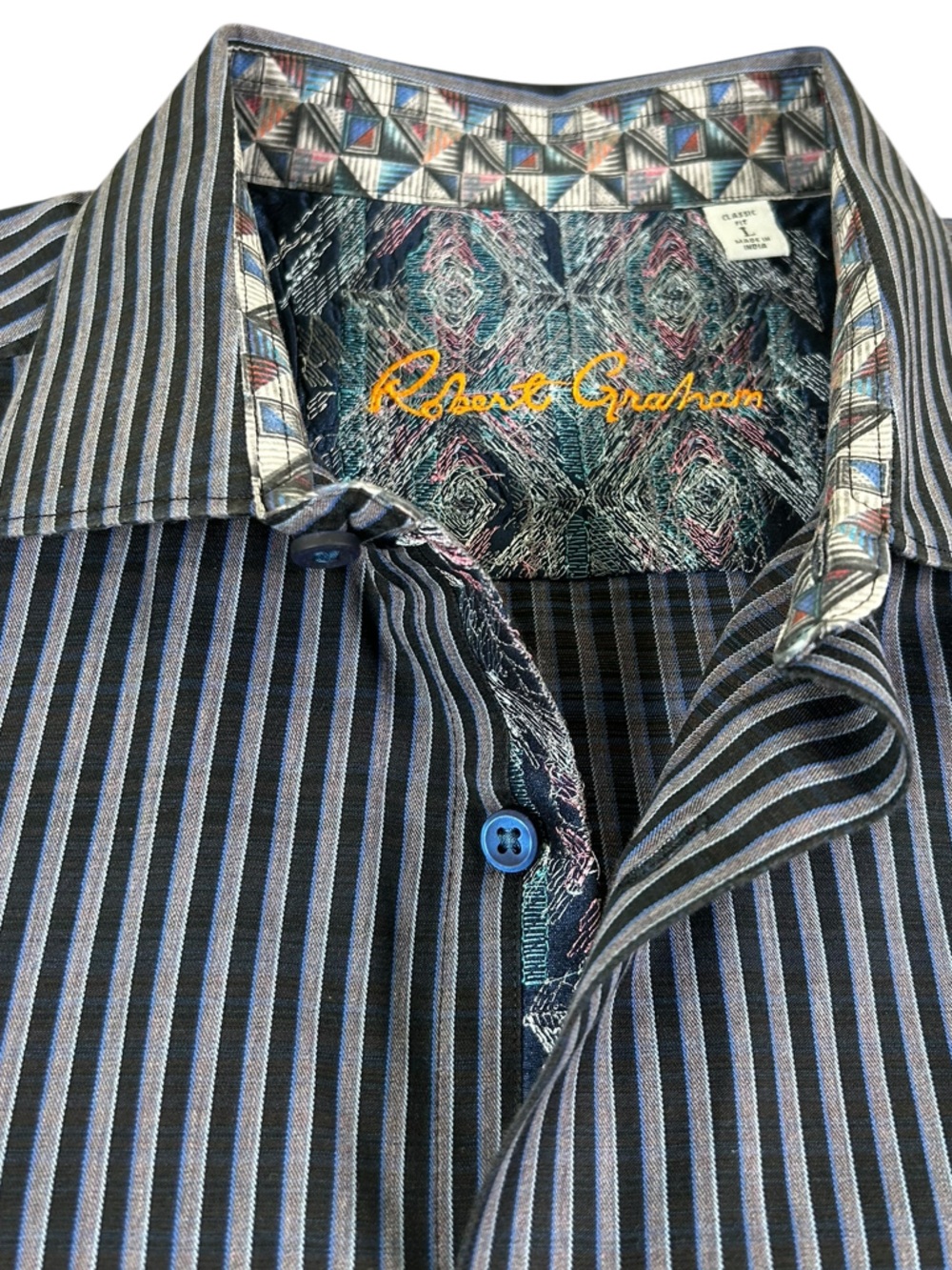 ROBERT GRAHAM Striped Button Down Geometric Flip Cuff Black Blue Gray Classic L - Picture 4 of 15